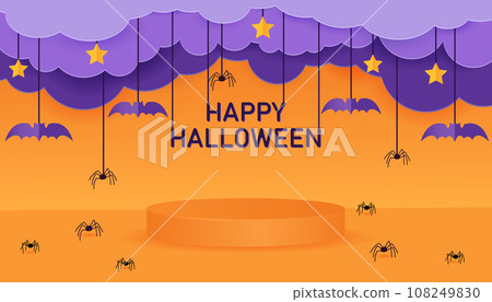 Happy Halloween banner or party invitation background with clouds,bats and spiders in paper cut style. Orange 3d podium for halloween. Vector illustration. 108249830