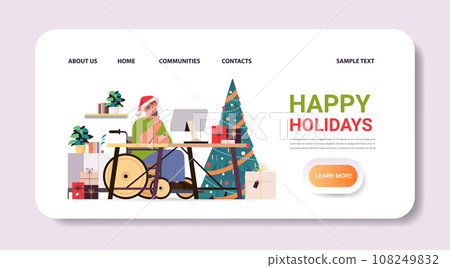 disabled man article editor wearing santa claus festive hat sitting in wheelchair guy working on computer people with disabilities 108249832