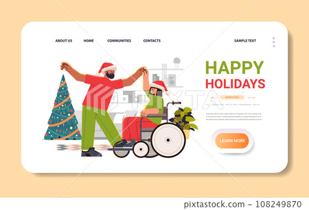 disabled woman in santa claus hat sitting in wheelchair and dancing with man people with disabilities concept merry christmas holidays celebration 108249870