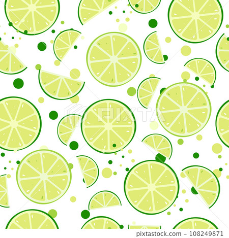 Lime, slice citrus white background. Tropical fruits. Raw and vegetarian food. Seamless pattern. Vector illustration. 108249871