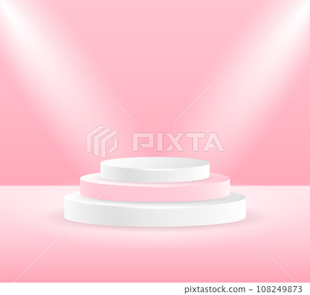 Vector 3d podium with illumination. White and pink podiums against a pink wall. Scene for congratulations or product presentation. Vector 3d podium with illumination. White and pink podiums against a pink wall. Scene for congratulations or product presentation. 108249873