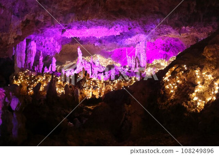 Illuminated limestone cave on Ishigaki Island Illuminated limestone cave on Ishigaki Island 108249896
