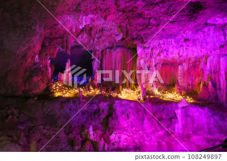 Illuminated limestone cave on Ishigaki Island Illuminated limestone cave on Ishigaki Island 108249897