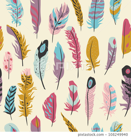 Feathers seamless pattern in boho style. Vector... - Stock Illustration ...