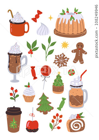 Set of winter Christmas drinks and sweets isolated on white background. Vector graphics. Set of winter Christmas drinks and sweets isolated on white background. Vector graphics. 108249946