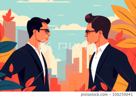 Two Caucasian men in suites arguing in the office. Disagreement among colleagues. 2 businessmen in formal attire discussing a problem in a serious manner. Two confident managers in a heated argument Two Caucasian men in suites arguing in the office. Disagreement among colleagues. 2 businessmen in formal attire discussing a problem in a serious manner. Two confident managers in a heated argument 108250041