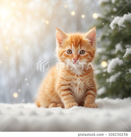 Ginger Kitten in snow forest, Christmas lights Ginger Kitten in snow forest, Christmas lights 108250256