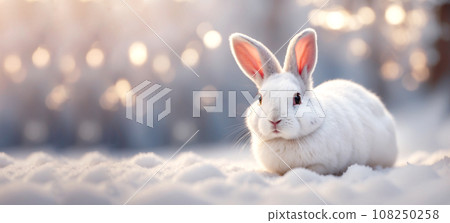 Cute white rabbit in snowy winter forest 108250258