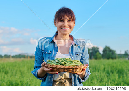 Smiling woman with basket of green asparagus beans in vegetable garden, on farm Smiling woman with basket of green asparagus beans in vegetable garden, on farm 108250398