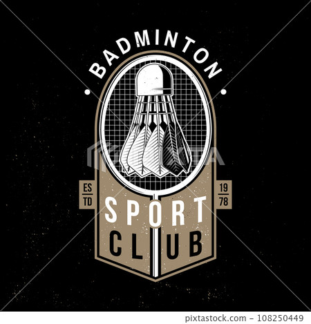 Badminton sport badge, patch, emblem, logo. Vector illustration. Vintage badminton label with racket and shuttlecock silhouettes. Concept for shirt or logo, print, stamp or tee. Badminton sport badge, patch, emblem, logo. Vector illustration. Vintage badminton label with racket and shuttlecock silhouettes. Concept for shirt or logo, print, stamp or tee. 108250449