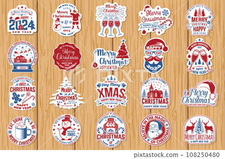 Set of Merry Christmas and 2024 Happy New Year stamp, sticker Set quotes with snowflakes, snowman, santa claus, candy, sweet candy, cookies. Vector Vintage typography design for xmas, new year emblem Set of Merry Christmas and 2024 Happy New Year stamp, sticker Set quotes with snowflakes, snowman, santa claus, candy, sweet candy, cookies. Vector Vintage typography design for xmas, new year emblem 108250480