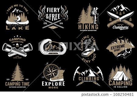 Set of outdoor adventure sticker. Vector illustration. Concept for shirt or logo, print, stamp, patch or tee. Vintage typography design with forest pine tree, hiker, climber and mountain silhouette Set of outdoor adventure sticker. Vector illustration. Concept for shirt or logo, print, stamp, patch or tee. Vintage typography design with forest pine tree, hiker, climber and mountain silhouette 108250481