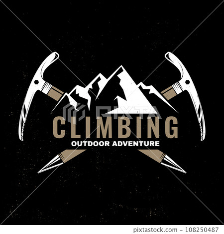 Climbing badge, logo design. Vector. Concept for shirt or logo, print, stamp or tee. Vintage typography design with mountain and old metal climbing ice-axe silhouette. Outdoors adventure 108250487