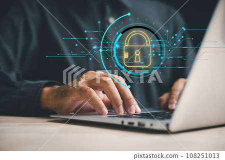 Prioritize data protection and privacy in the digital age. Businessmen safeguard personal information on laptops and virtual interfaces with shield lock icons and advanced network security technology. Prioritize data protection and privacy in the digital age. Businessmen safeguard personal information on laptops and virtual interfaces with shield lock icons and advanced network security technology. 108251013