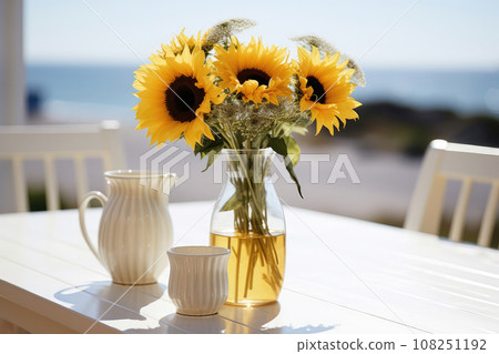 "Seaside Serenity, Sunflower Vase Gracing a White Table" "Seaside Serenity, Sunflower Vase Gracing a White Table" 108251192