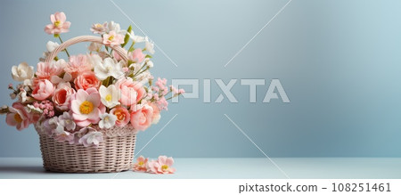 Bouquet of pink roses in a basket. Template for postcard, invitation, banner. AI-generated content 108251461