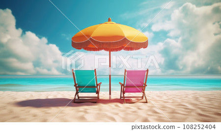 Beautiful sunset beach scene. Chairs on the sandy beach near the sea. Summer holiday and vacation concept for tourism. Inspirational tropical landscape 108252404