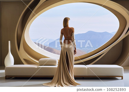 Surreal Image of the Back View of a Faceless Woman in a Backless Dress in Front of a Futuristic Round Window 108252893