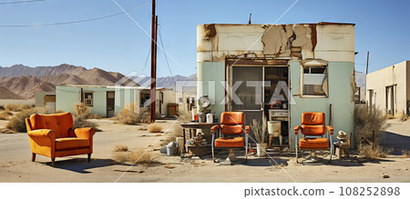 Abandoned Small Hair Salon with Weathered Facade and Outdoor Furniture in a Rocky Desert Landscape 108252898