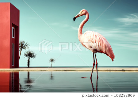 Surreal Minimalist Image of a Flamingo in an Artificial Lake with a Red Rectangular House on the Shore Surreal Minimalist Image of a Flamingo in an Artificial Lake with a Red Rectangular House on the Shore 108252909