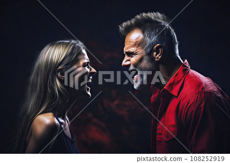 Middle-aged couple loudly arguing in a dark room 108252919