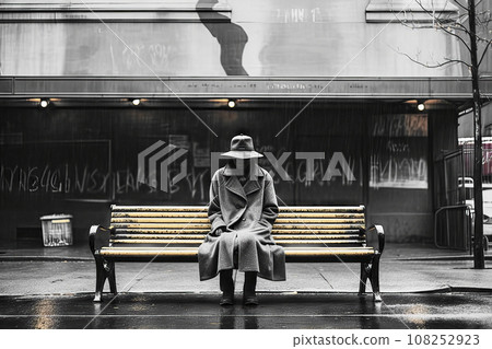 Elderly woman with a deeply shaded face under a wide hat sits in a run-down area with graffiti on the concrete walls on a yellow bench Elderly woman with a deeply shaded face under a wide hat sits in a run-down area with graffiti on the concrete walls on a yellow bench 108252923