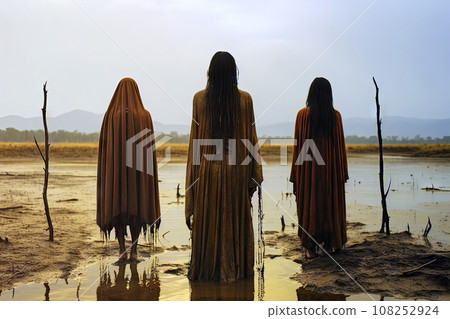 Back view of three women in long wrinkled cloaks on a swampy, vegetation-less plain under a gloomy sky 108252924