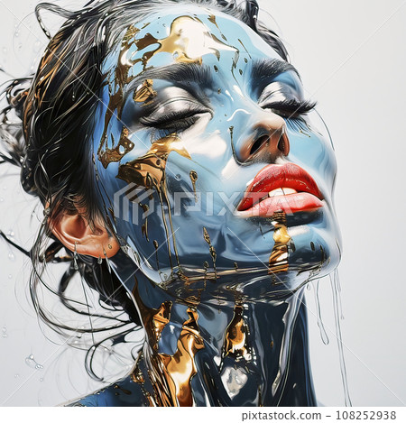 Surreal portrait of a woman with red lips and blue skin with gold flakes, looking exhausted and satisfied with closed eyes Surreal portrait of a woman with red lips and blue skin with gold flakes, looking exhausted and satisfied with closed eyes 108252938