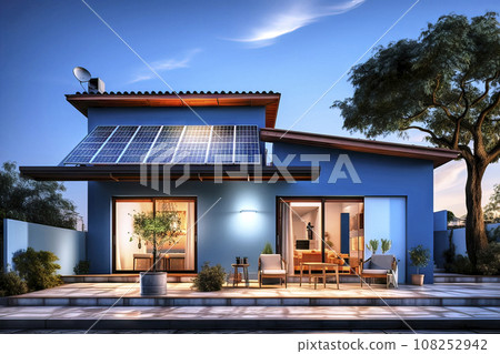 Single-story illuminated residential house with slanted solar panels for energy generation in the blue evening atmosphere 108252942