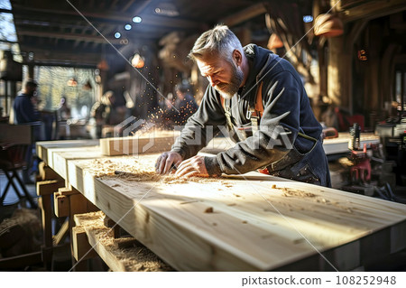 Gray-haired and bearded carpenter doing sawing work on a thick wooden board in his carpentry workshop Gray-haired and bearded carpenter doing sawing work on a thick wooden board in his carpentry workshop 108252948