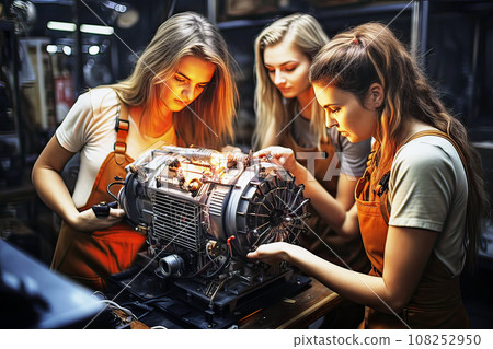 Three young women with long hair in work attire collaborate on repairing a large engine in a mechanical workshop 108252950