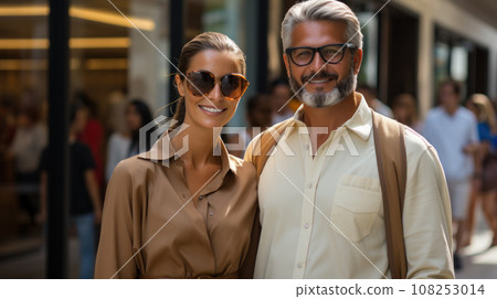 Urban modern adult love couple walking romantic talking talking, holding hands on a date. Happy couple having shopping on old european street Urban modern adult love couple walking romantic talking talking, holding hands on a date. Happy couple having shopping on old european street 108253014