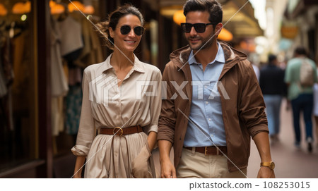 Urban modern adult love couple walking romantic talking talking, holding hands on a date. Happy couple having shopping on old european street Urban modern adult love couple walking romantic talking talking, holding hands on a date. Happy couple having shopping on old european street 108253015