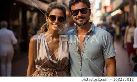 Urban modern adult love couple walking romantic talking talking, holding hands on a date. Happy couple having shopping on old european street Urban modern adult love couple walking romantic talking talking, holding hands on a date. Happy couple having shopping on old european street 108253018