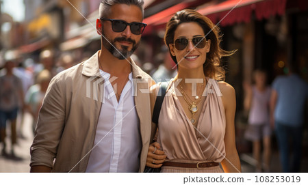 Urban modern adult love couple walking romantic talking talking, holding hands on a date. Happy couple having shopping on old european street 108253019