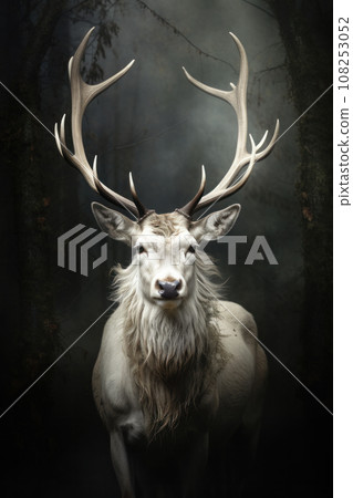 Winter fantastic postcard. deer with giant horns in a fairy-tale snowy forest. Christmas image. Winter wonderland. Winter fantastic postcard. deer with giant horns in a fairy-tale snowy forest. Christmas image. Winter wonderland. 108253052