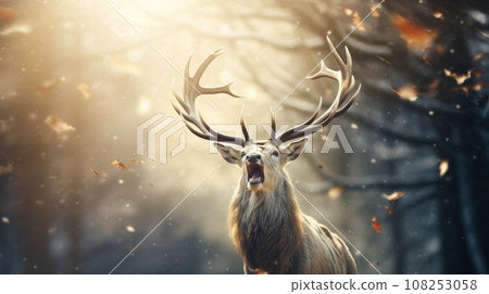 Winter fantastic postcard. deer with giant horns in a fairy-tale snowy forest. Christmas image. Winter wonderland. 108253058
