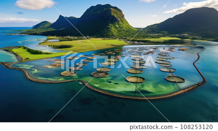 High angle aerial view of a a fish farm off the coast in the blue, sea during day time High angle aerial view of a a fish farm off the coast in the blue, sea during day time 108253120