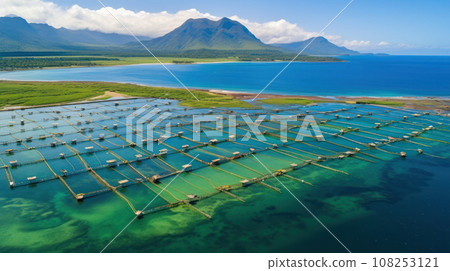 High angle aerial view of a a fish farm off the coast in the blue, sea during day time High angle aerial view of a a fish farm off the coast in the blue, sea during day time 108253121