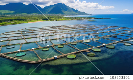 High angle aerial view of a a fish farm off the coast in the blue, sea during day time High angle aerial view of a a fish farm off the coast in the blue, sea during day time 108253301