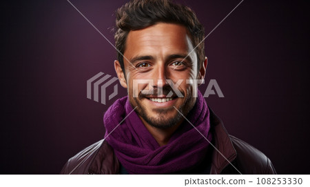 Portrait of attractive cheerful european man wearing modern specs isolated over purple violet color background 108253330