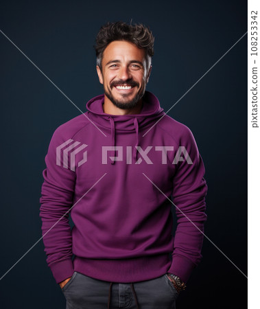 Portrait of attractive cheerful european man wearing modern specs isolated over purple violet color background 108253342
