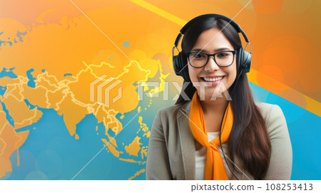 Photo of beautiful young call center operator standing near gray background. Woman with headphones looking at camera and smiling 108253413