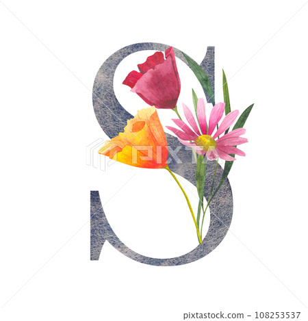 Letter S with watercolor wildflowers. Floral alphabet, isolated with botanical bouquet. monogram initials perfectly for wedding invitation, birthday, greeting card and other design. 108253537
