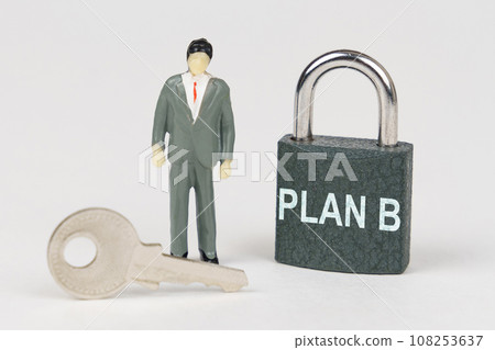 On a white surface there is a figurine of a businessman, a key and a lock with the inscription - Plan b 108253637