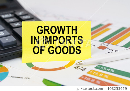 On business reports there is a calculator and a sign with the inscription - growth in imports of goods On business reports there is a calculator and a sign with the inscription - growth in imports of goods 108253659