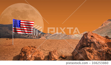 Red planet landscape with UA flag. Elements of this image furnished by NASA. 108253860
