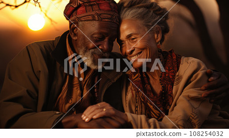Happy african couple having tender moment outdoors at summer sunset 108254032