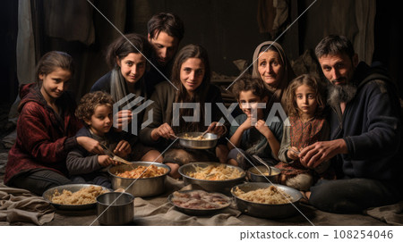 Refugee mixed-race family at migration camp 108254046