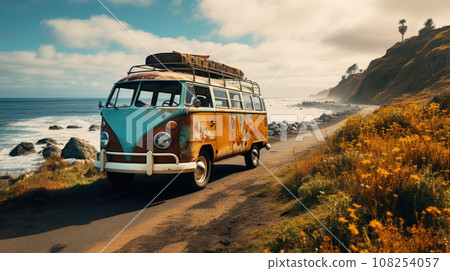 Vintage camper van parking at the beach with suitcases on top during on vacation near a sea Vintage camper van parking at the beach with suitcases on top during on vacation near a sea 108254057